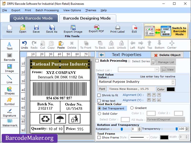 Manufacturing Barcode Generator screen shot