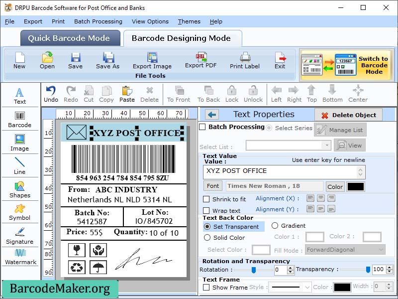 Courier Post Mailer Barcodes Generator screen shot