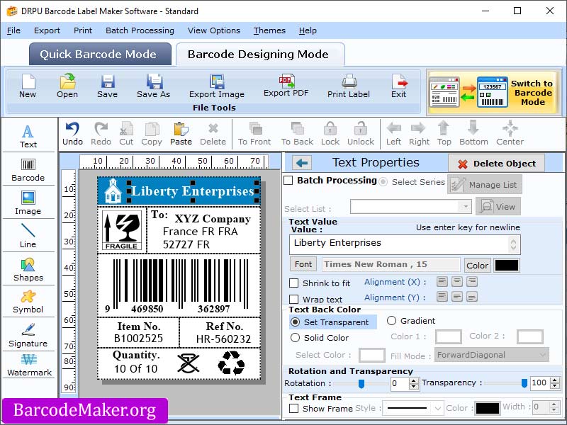 Screenshot of Standard Barcode Maker Tool 6.6