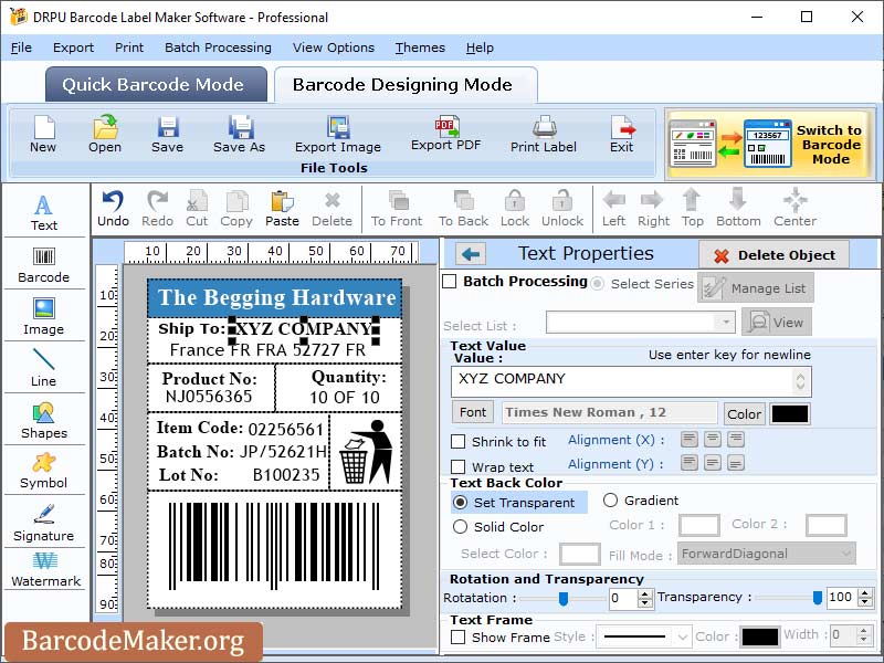 Screenshot of Professional Barcode Label Creator