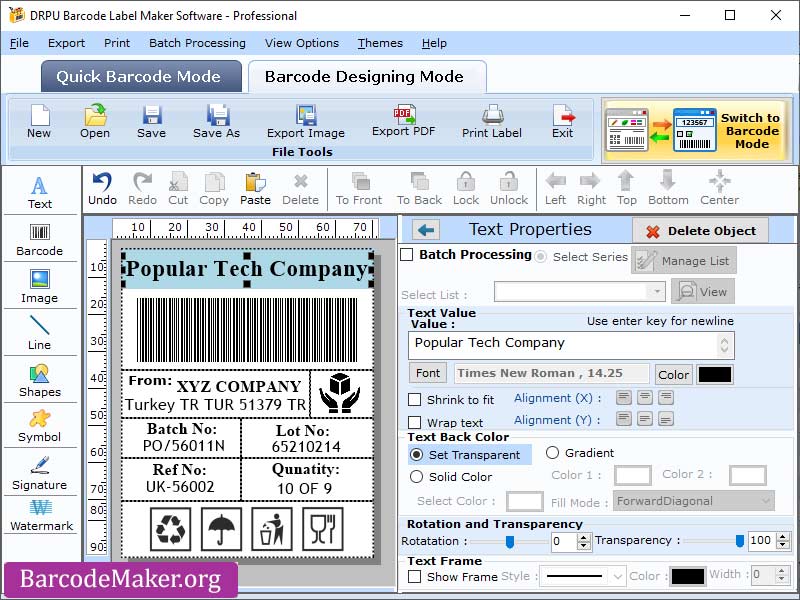 Screenshot of Business Barcode Creator Program