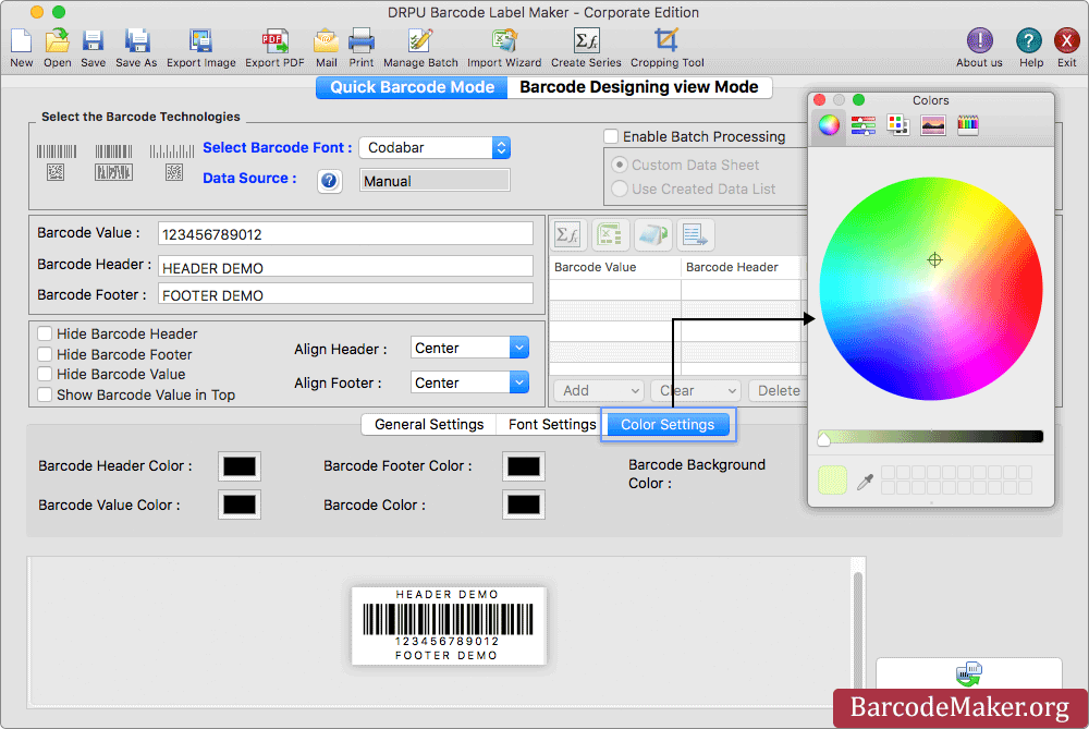 Barcode Color Settings