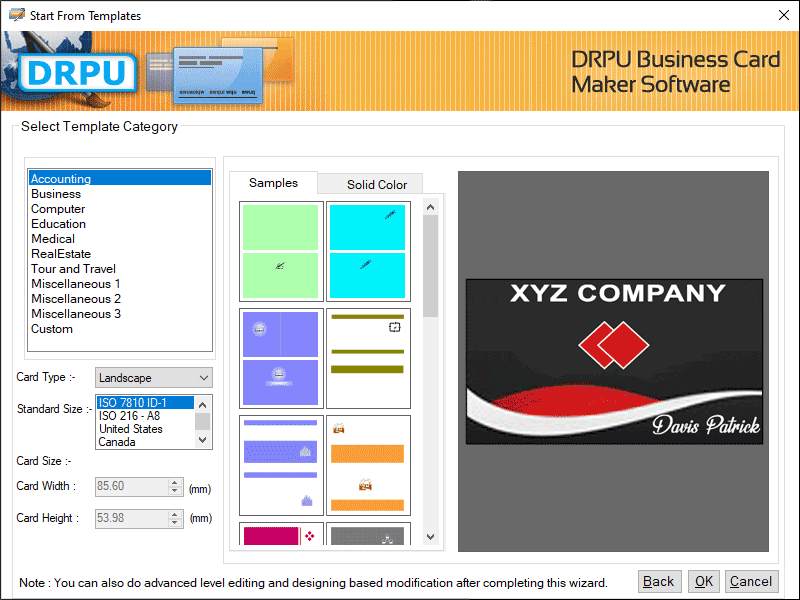 Screenshot of Excel Business Cards Making Application