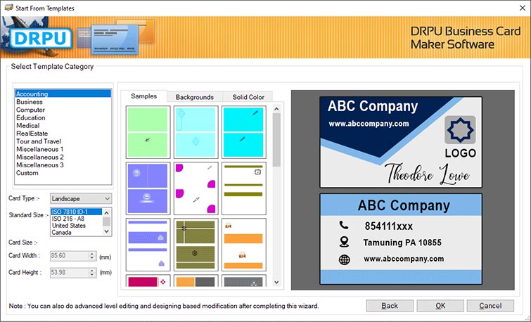 Screenshot of Excel Business Cards Design Software