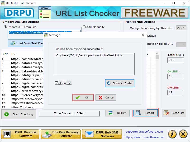 Screenshot of Free Download URL List Checker Software 2.2.0.1