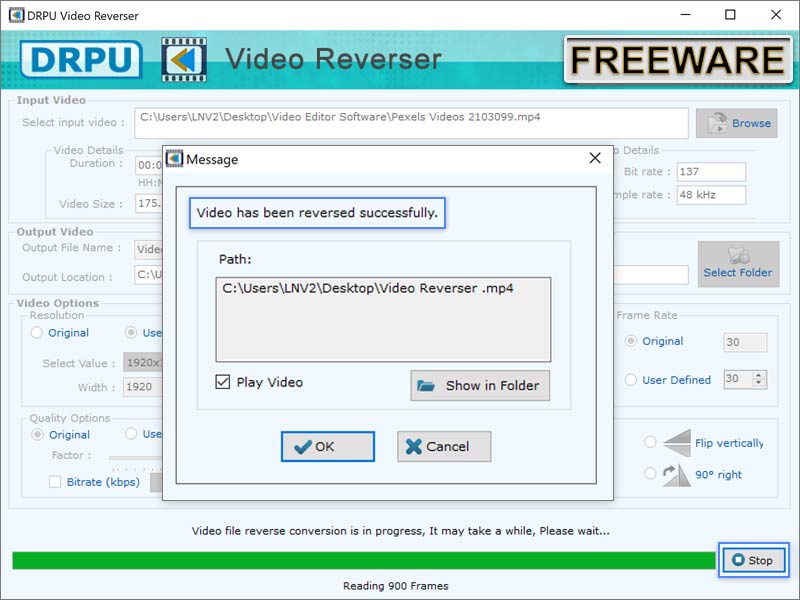 Video Reversing Software for Windows OS Screenshot