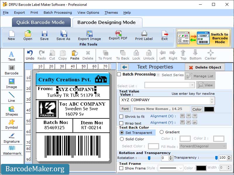 Screenshot of Professional Barcode Printable Tool