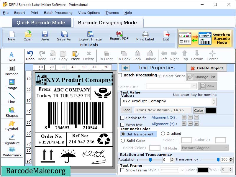 Screenshot of Professional Barcode Creating Tool